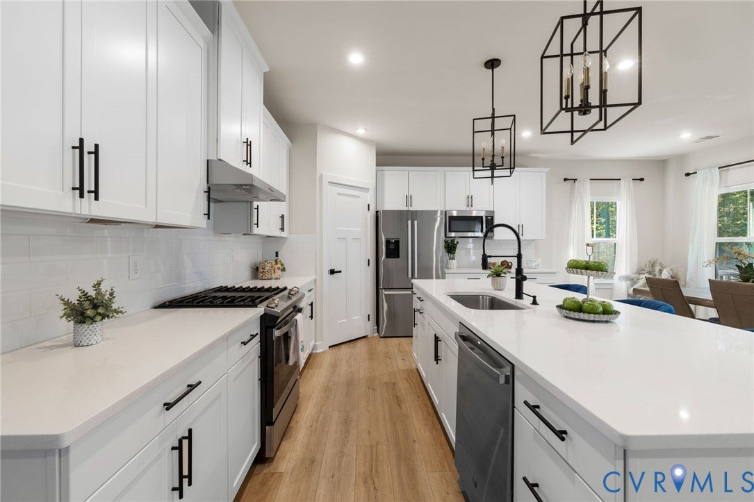 8618 McKibben Drive, The Highlands, Chesterfield, VA 23838 White cabinetry, white countertop surfaces, stainless steel appliances, wood-finish flooring, and black hardware accents