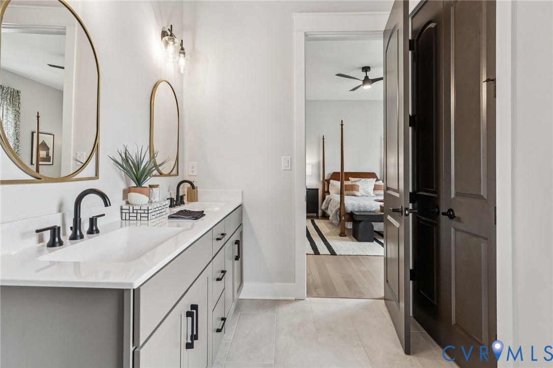 Lot 2 Needlewood Court, Olivet Church Estates, New Kent, VA 23124 Dual vanity with undermount sinks, stone countertops, matte black fixtures, and framed mirrors
