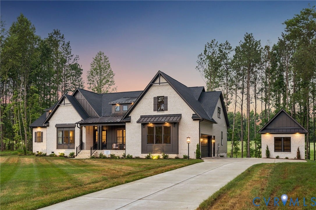 Lot 2 Needlewood Court, Olivet Church Estates, New Kent, VA 23124 Exterior featuring a neutral-toned brick and siding facade, a dark shingle roof, a covered porch with a metal roof, and a detached structure