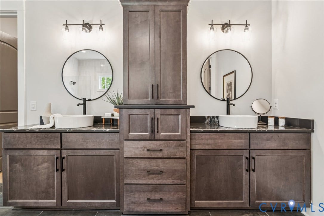 Lot 2 Needlewood Court, Olivet Church Estates, New Kent, VA 23124 Double vanity with dark wood-finish cabinetry, black countertops, and vessel sinks