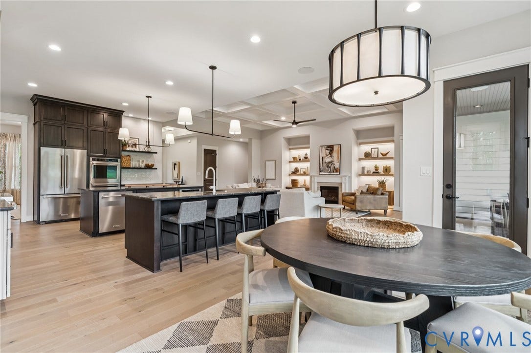 Lot 2 Needlewood Court, Olivet Church Estates, New Kent, VA 23124 Open-concept living space with light wood-finish flooring, dark wood cabinetry, a kitchen island with seating, and a coffered ceiling