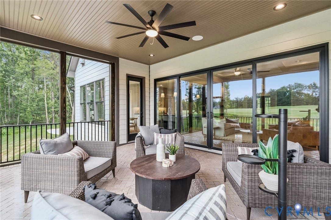 Lot 2 Needlewood Court, Olivet Church Estates, New Kent, VA 23124 Screened-in porch featuring a ceiling fan, recessed lighting, and brick-patterned flooring