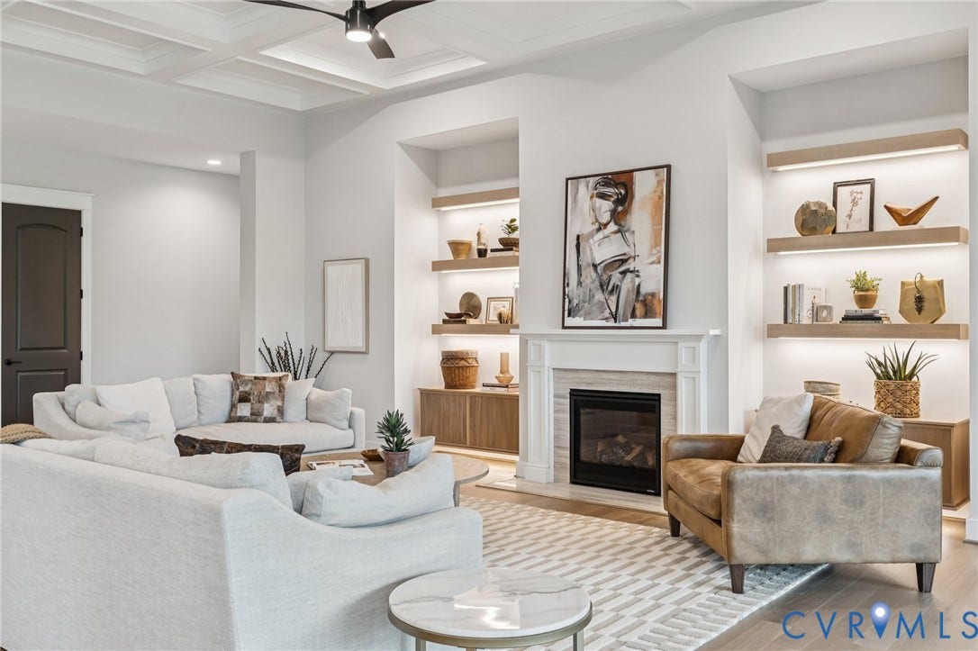 Lot 2 Needlewood Court, Olivet Church Estates, New Kent, VA 23124 Coffered ceiling with a modern ceiling fan, recessed lighting, and a built-in fireplace with a stone surround
