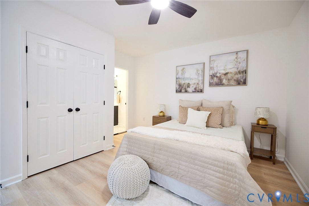 3103 Q St, Church Hill, Richmond, VA 23223 White interior walls, wood-finish flooring, ceiling fan with light fixture, paneled bifold closet doors, and recessed lighting