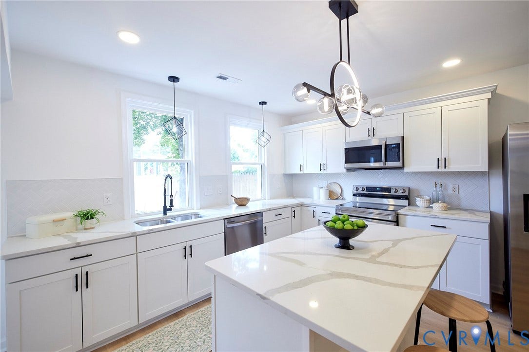 3103 Q St, Church Hill, Richmond, VA 23223 Kitchen featuring white shaker cabinetry, white countertops, stainless steel appliances, a center island, and recessed lighting