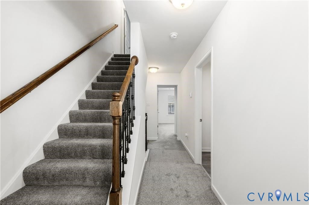 12221 Dutch Elm Circle, Midlothian, VA 23112 Carpeted staircase with wood-finish handrail and black iron balusters
