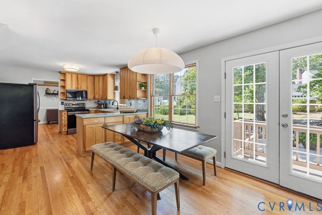 2416 Mountainbrook Drive, Crown Grant, Henrico, VA 23233 Hardwood flooring throughout, kitchen with wood cabinetry and stainless steel appliances, and double French doors to outdoor deck