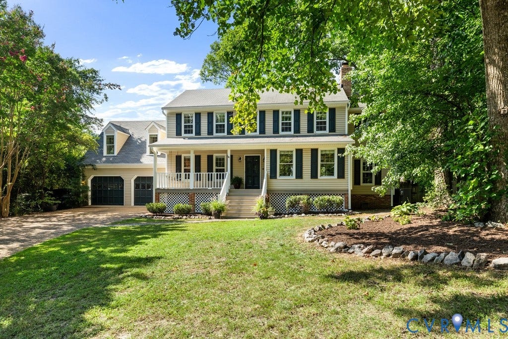 2416 Mountainbrook Drive, Crown Grant, Henrico, VA 23233 Light-colored siding exterior with dark shutters, covered front porch, and white railings
