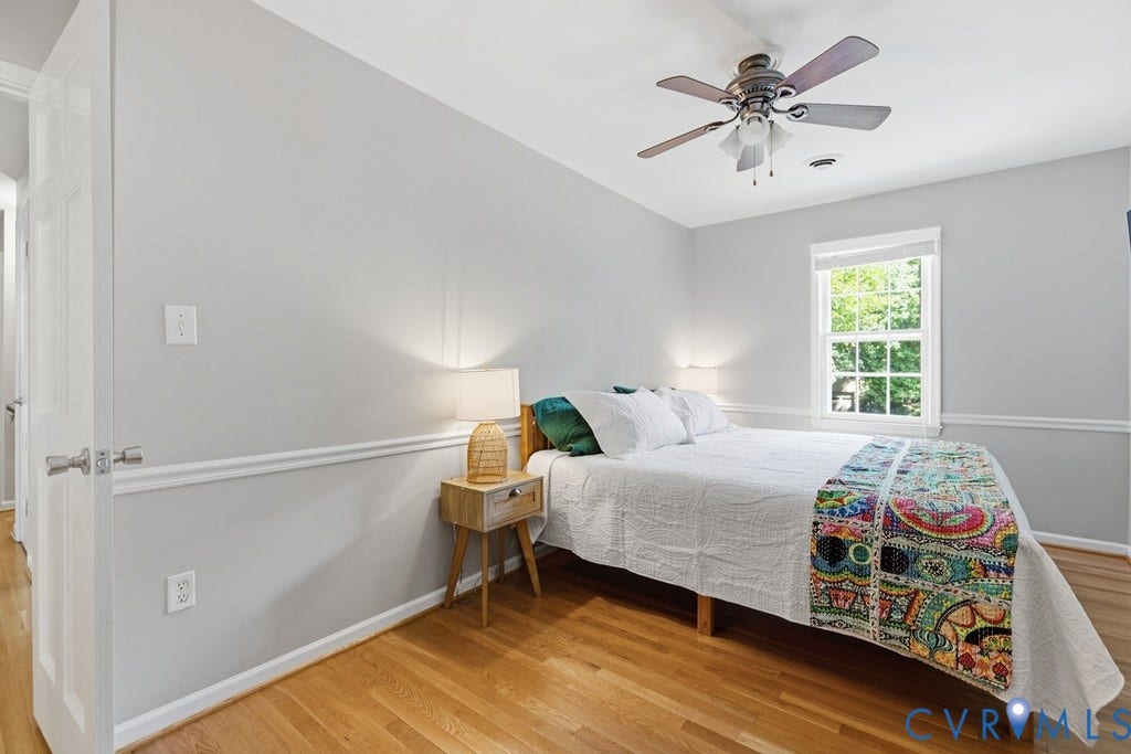 2416 Mountainbrook Drive, Crown Grant, Henrico, VA 23233 Hardwood flooring, painted walls with chair rail molding, ceiling fan with integrated lighting, and a double-pane window, with ensuite bath