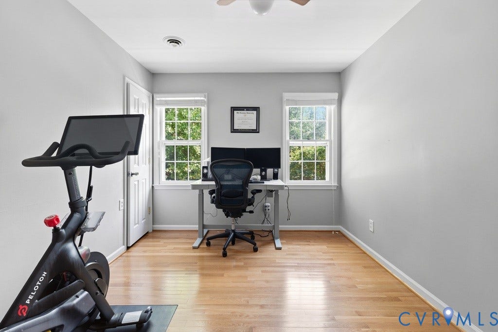 2416 Mountainbrook Drive, Crown Grant, Henrico, VA 23233 Hardwood flooring, light gray wall finishes, white trim, and a flush-mount ceiling fan