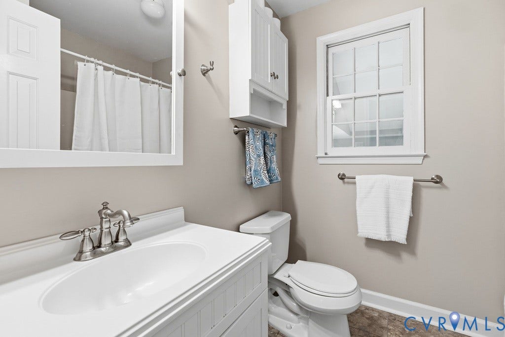 2416 Mountainbrook Drive, Crown Grant, Henrico, VA 23233 Vanity with integrated sink, brushed nickel faucet, beadboard cabinet, framed mirror, and window with grid pattern