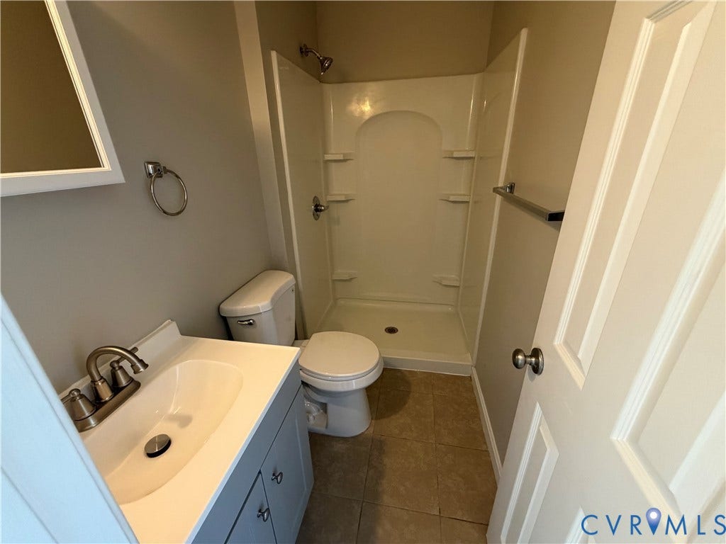 715 High Street, Petersburg, VA 23803 Full bathroom featuring a single vanity with integrated sink, brushed nickel faucet, a toilet, and a stand-up shower with built-in shelving