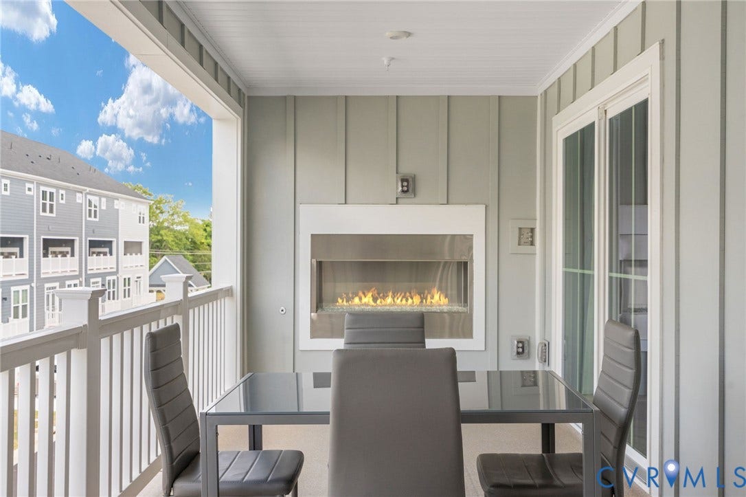 8045 Lake Laurel Lane, #B, Laurel Oak Condos, Glen Allen, VA 23060 Covered balcony featuring a built-in fireplace, vertical panel wall treatment, and white railings