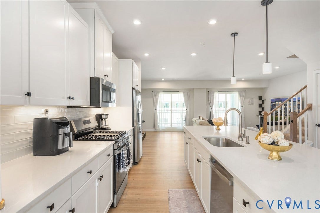 8045 Lake Laurel Lane, #B, Laurel Oak Condos, Glen Allen, VA 23060 White shaker cabinetry with matte black hardware, stainless steel appliances, a tile backsplash, and stone countertops