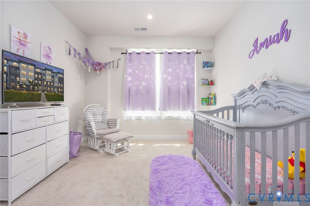 8045 Lake Laurel Lane, #B, Laurel Oak Condos, Glen Allen, VA 23060 Recessed ceiling lighting, carpeted flooring, window with sheer curtains, wall-mounted shelving