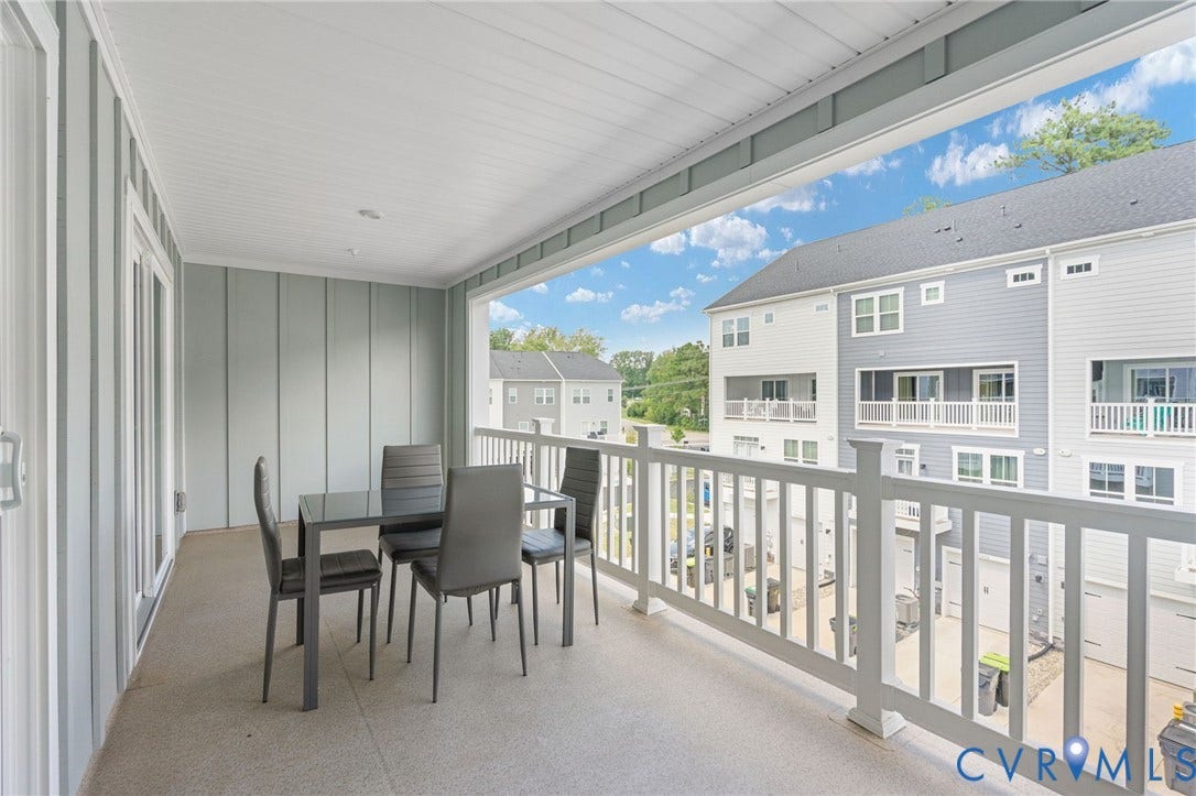 8045 Lake Laurel Lane, #B, Laurel Oak Condos, Glen Allen, VA 23060 Covered balcony with a durable flooring surface, vertical panel wall siding, and white railing