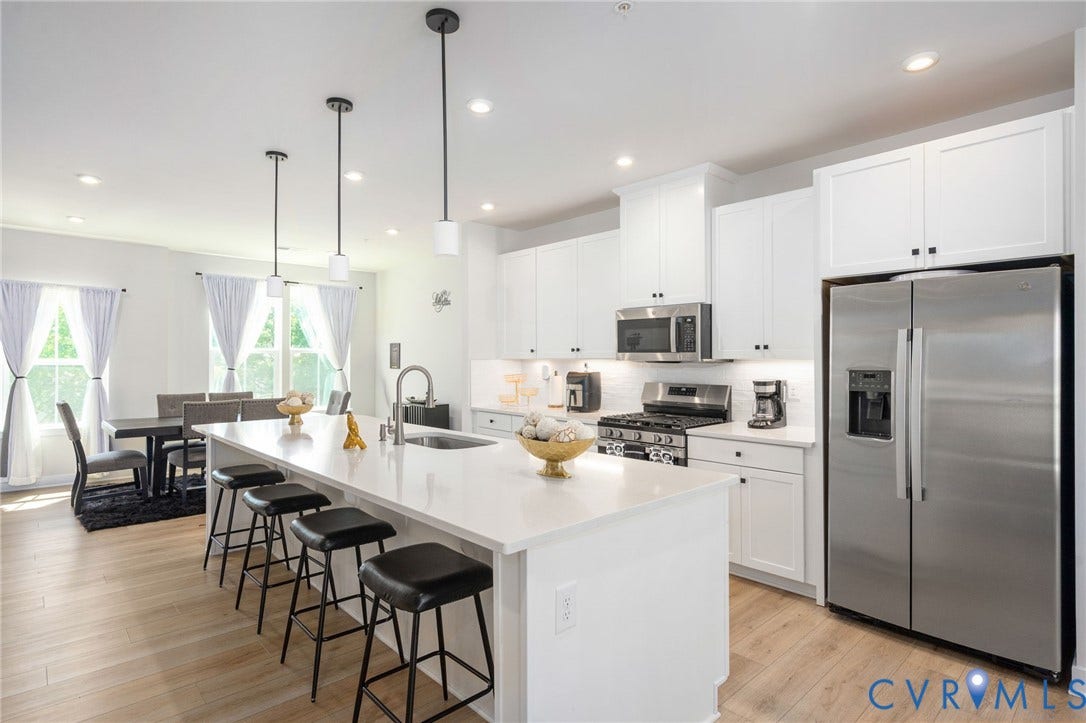 8045 Lake Laurel Lane, #B, Laurel Oak Condos, Glen Allen, VA 23060 Open-concept kitchen featuring an island with pendant lighting, white cabinetry, stainless steel appliances, and wood-finish flooring