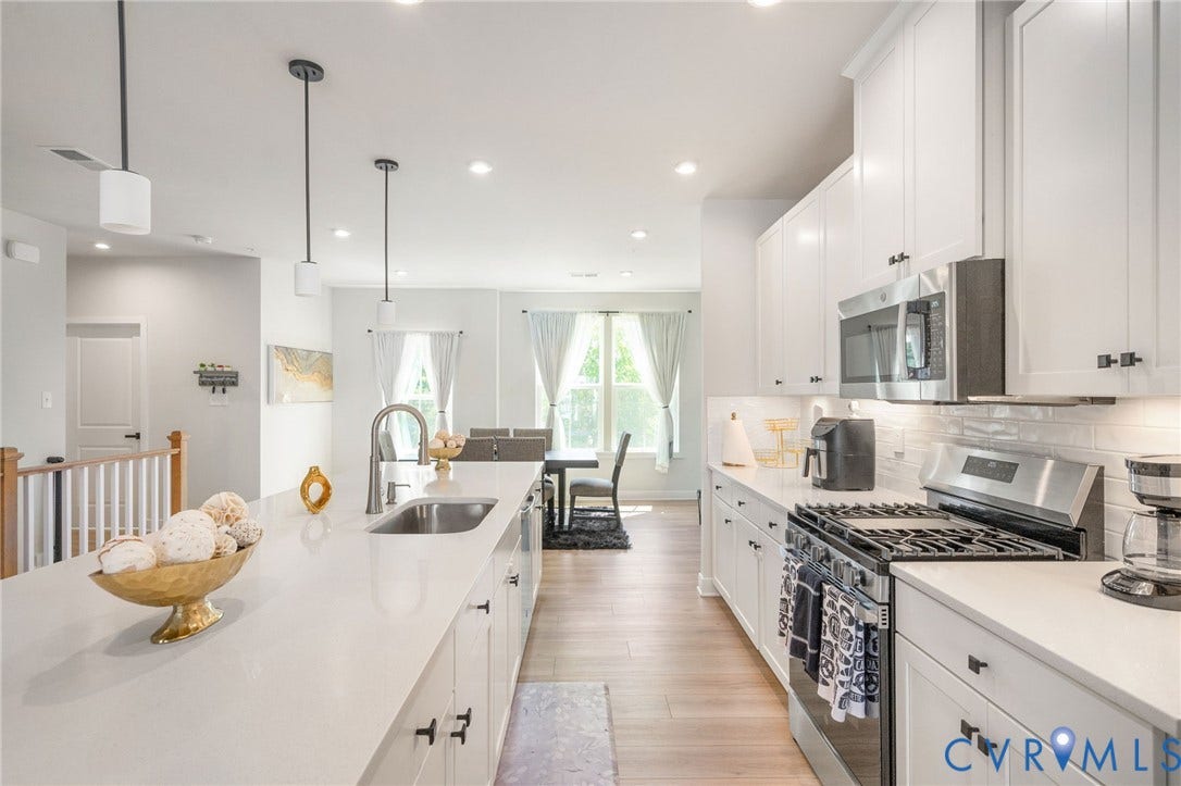 8045 Lake Laurel Lane, #B, Laurel Oak Condos, Glen Allen, VA 23060 Modern kitchen featuring white cabinetry, stainless steel appliances, a large island with an undermount sink, and wood-finish flooring