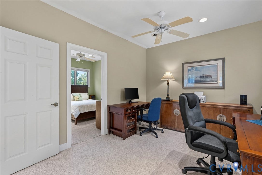 447 Tranquility Road, Reedville, VA 22539 Recessed lighting, ceiling fan with light, crown molding, and carpet flooring
