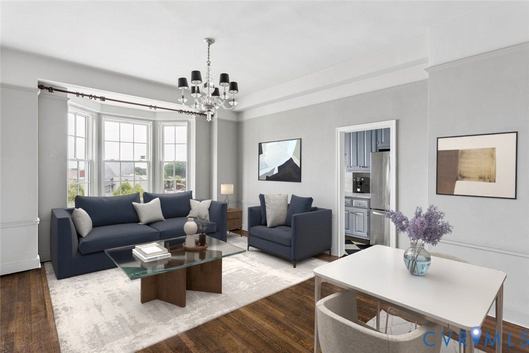 612 W Franklin Street, #5E, Richmond, VA 23220 Hardwood flooring, bay windows, chandelier lighting, and crown molding