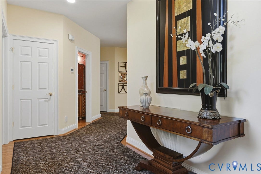 3012 Hedgeway Place, Tarrington, Midlothian, VA 23113 Hallway featuring a decorative console table, recessed lighting, white paneled doors, and wood-finish flooring with a patterned runner