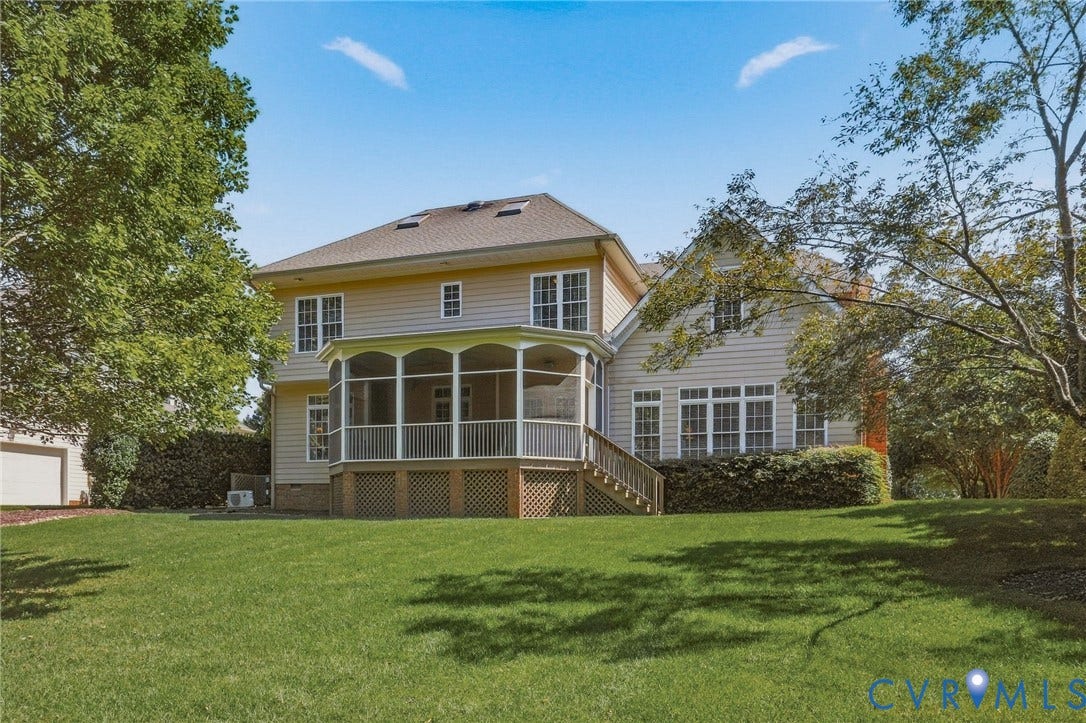 3012 Hedgeway Place, Tarrington, Midlothian, VA 23113 Expansive green lawn with a screened-in porch, multi-pane windows, and light-colored siding