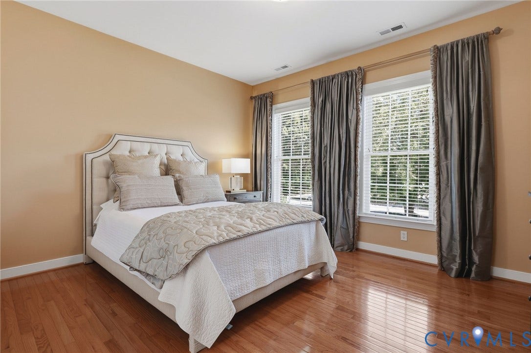 3012 Hedgeway Place, Tarrington, Midlothian, VA 23113 Hardwood flooring, two large windows with blinds, a neutral wall color, and white trim