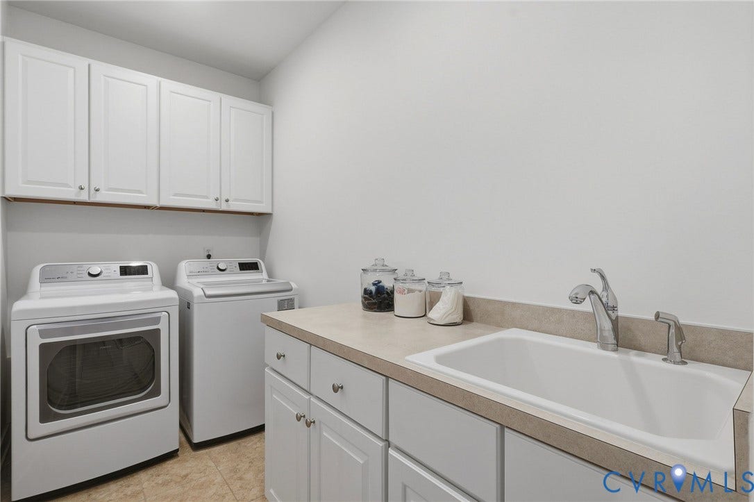 3012 Hedgeway Place, Tarrington, Midlothian, VA 23113 White shaker-style cabinetry, a built-in utility sink, a chrome faucet, and neutral-toned countertops