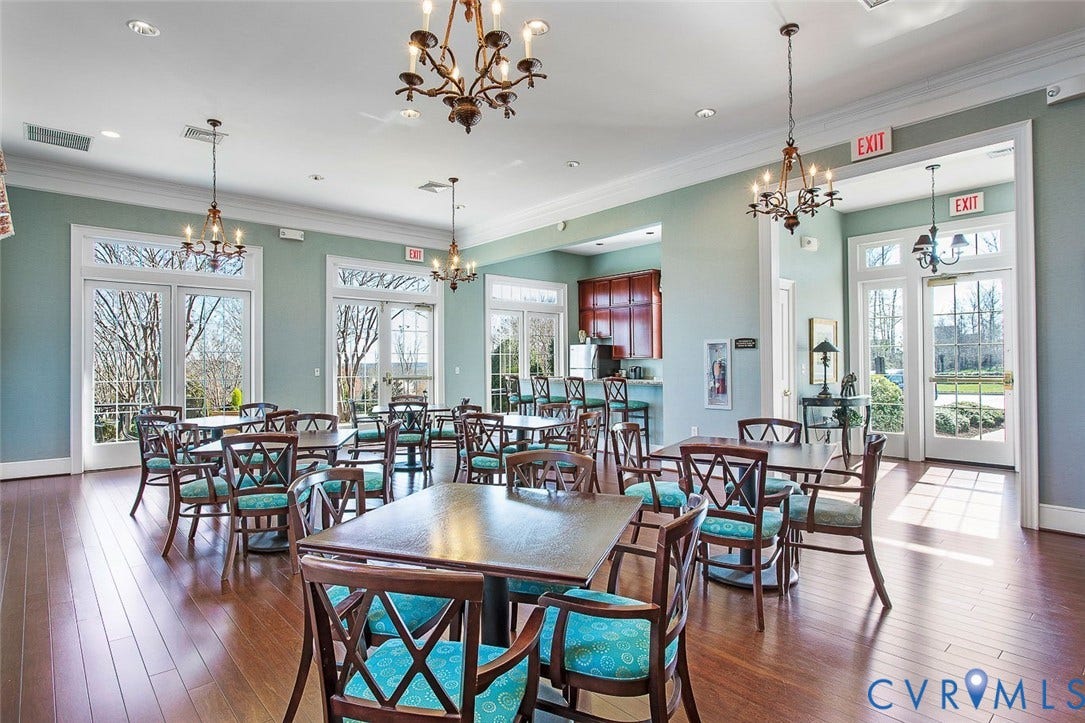 3012 Hedgeway Place, Tarrington, Midlothian, VA 23113 Hardwood flooring, chandelier lighting, multiple French doors, and a built-in wet bar with cabinetry