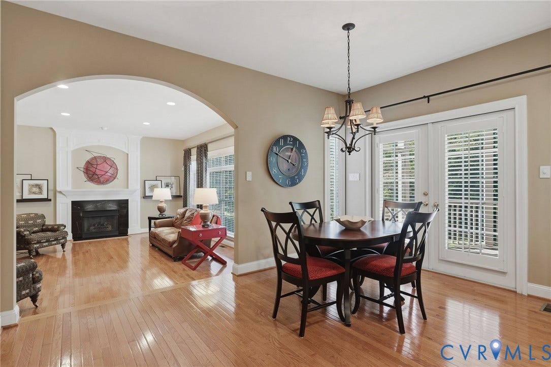 3012 Hedgeway Place, Tarrington, Midlothian, VA 23113 Hardwood flooring throughout, arched doorway, fireplace with mantel, recessed lighting, and French doors