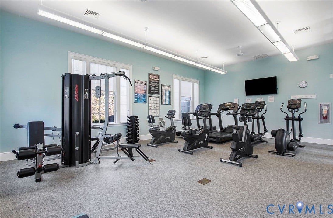 3012 Hedgeway Place, Tarrington, Midlothian, VA 23113 Dedicated fitness center featuring multiple cardio machines, strength training equipment, a wall-mounted television, and ample natural light