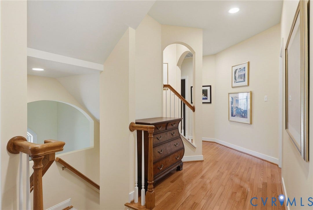 3012 Hedgeway Place, Tarrington, Midlothian, VA 23113 Archway entry, recessed lighting, wood-finish flooring, white balusters, and wood handrails