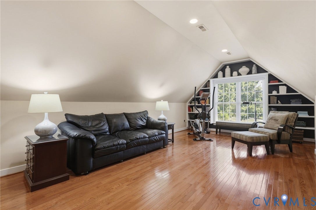 3012 Hedgeway Place, Tarrington, Midlothian, VA 23113 Sloped ceilings, recessed lighting, polished wood-finish flooring, built-in shelving, and a prominent window
