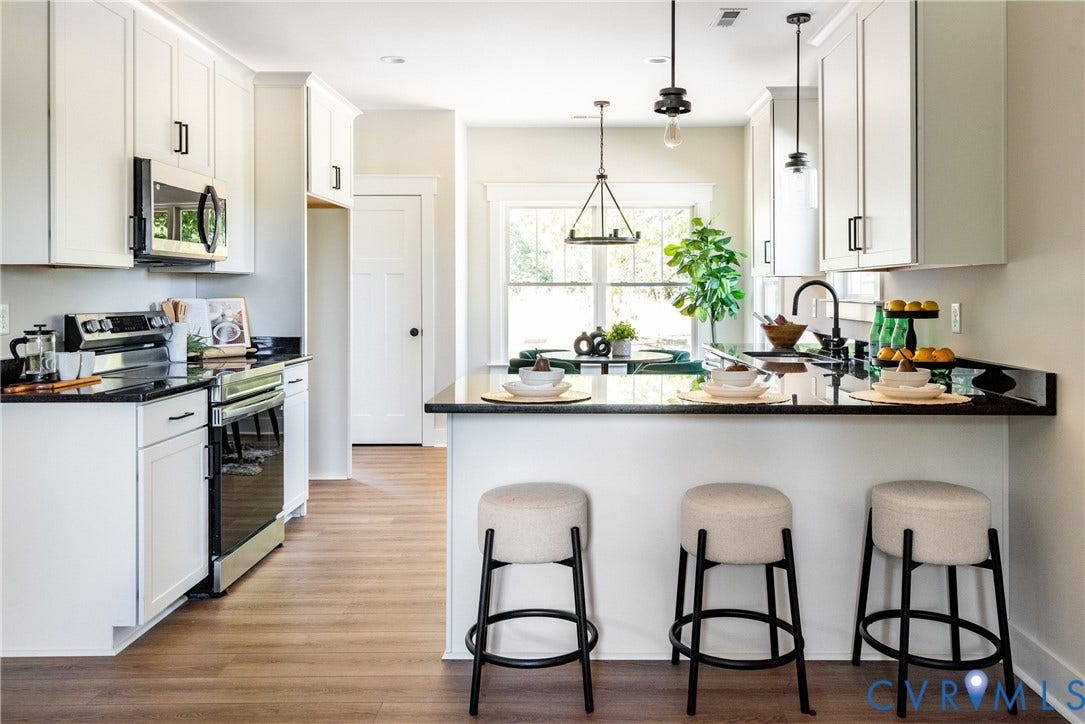 1343 Stokes Station Road, Goochland, VA 23063 Open-concept kitchen featuring white cabinetry, dark countertops, stainless steel appliances