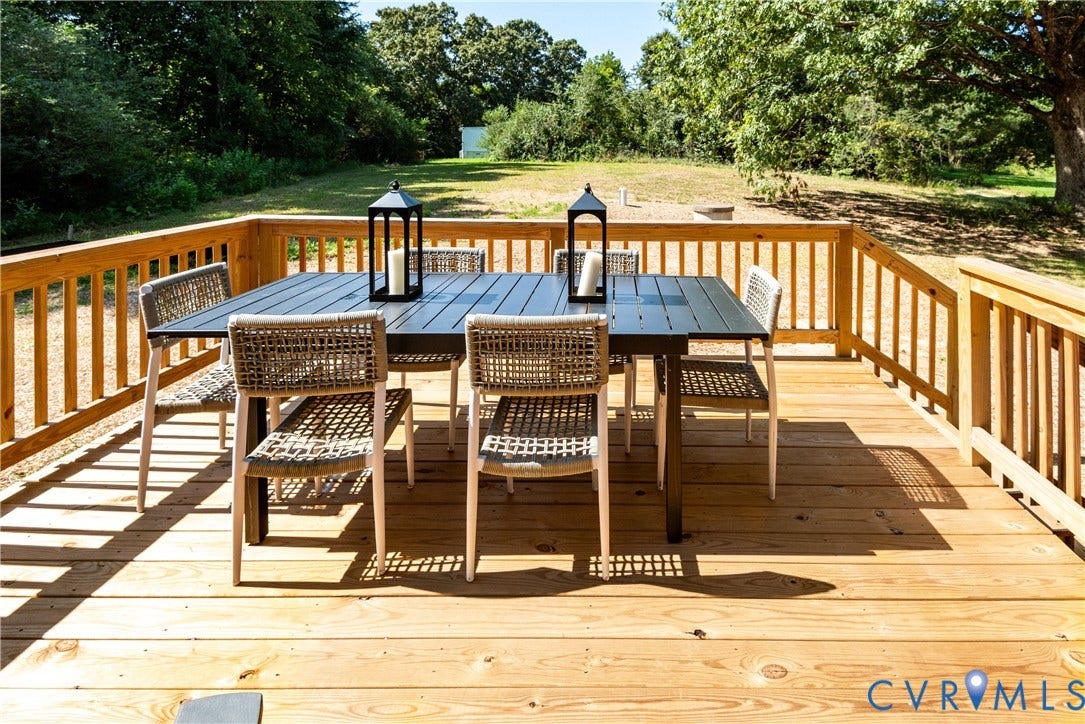 1343 Stokes Station Road, Goochland, VA 23063 Expansive wood deck with natural wood railing and balusters, overlooking a manicured lawn area