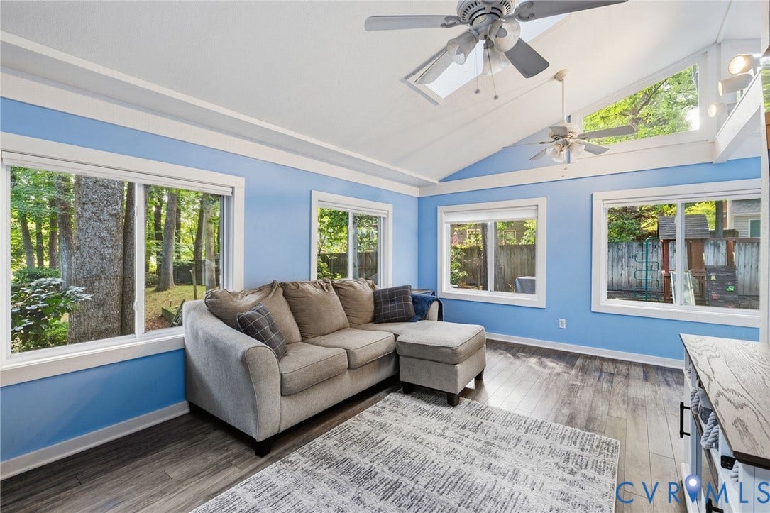 10407 Silverbrook Drive, Henrico, VA 23233 Vaulted ceiling with exposed beams, multiple windows, wood-finish flooring, and a ceiling fan