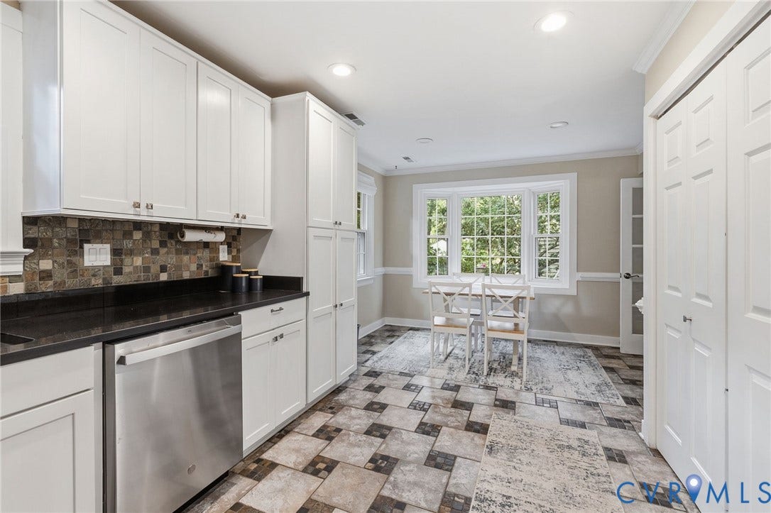 10407 Silverbrook Drive, Henrico, VA 23233 White shaker-style cabinetry, dark countertops, built-in stainless steel dishwasher, tile backsplash, and a multi-pane window