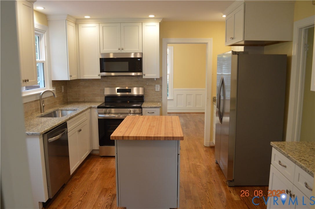 10227 Acworth Drive, Glen Allen, VA 23060 Kitchen featuring white cabinetry, stainless steel appliances, granite countertops, wood flooring, and a center island with a wood butcher block top