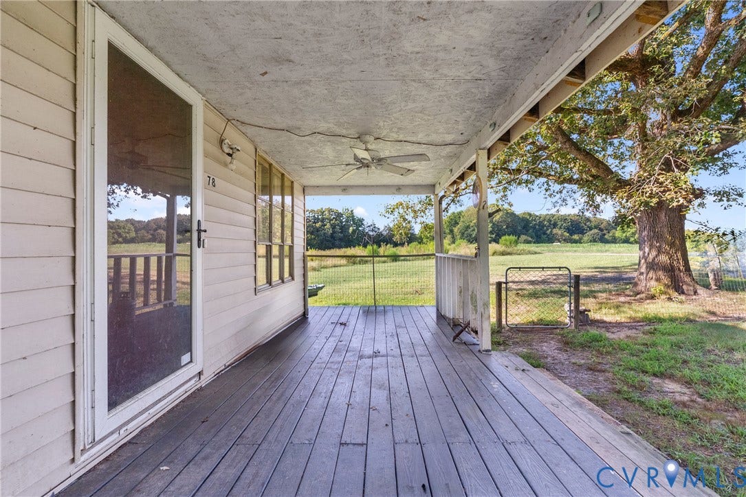 78 Bowling Lane, Cumberland, VA 23040 Covered porch featuring wood flooring and a ceiling fan