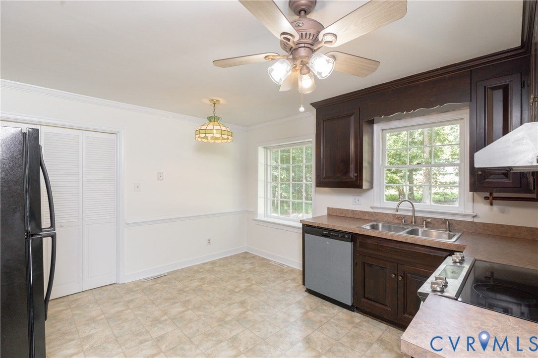 2765 Briarpatch Lane, Powhatan, VA 23139 Kitchen featuring wood-finish cabinetry, a double basin stainless steel sink, and a built-in dishwasher