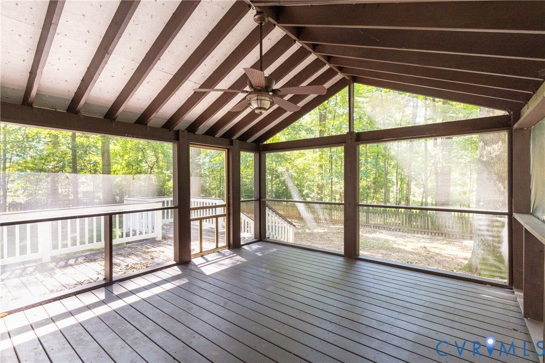 2765 Briarpatch Lane, Powhatan, VA 23139 Screened porch with wood-finish flooring, exposed beam ceiling, and a ceiling fan