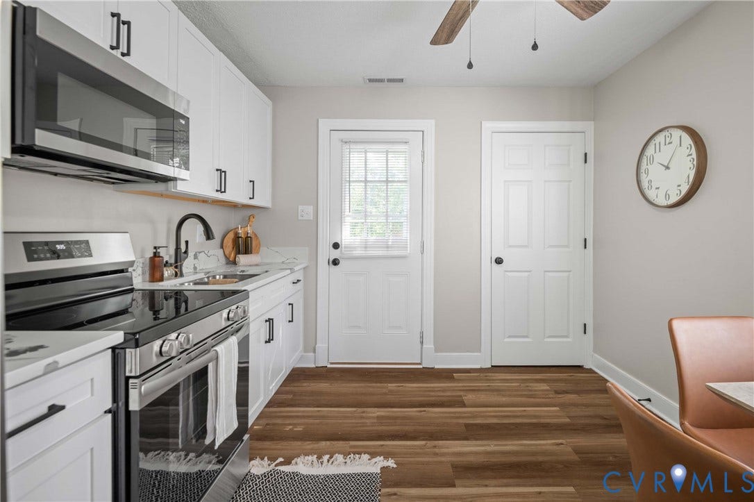 5429 Parker Street, Fulton Hill, Richmond, VA 23231 White shaker cabinetry, stainless steel appliances, wood-finish flooring, white countertops, and a ceiling fan