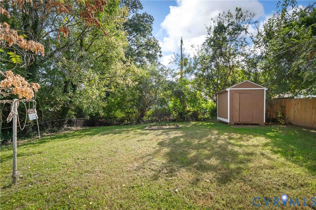 5429 Parker Street, Fulton Hill, Richmond, VA 23231 Expansive backyard featuring a storage shed, established trees, and perimeter fencing