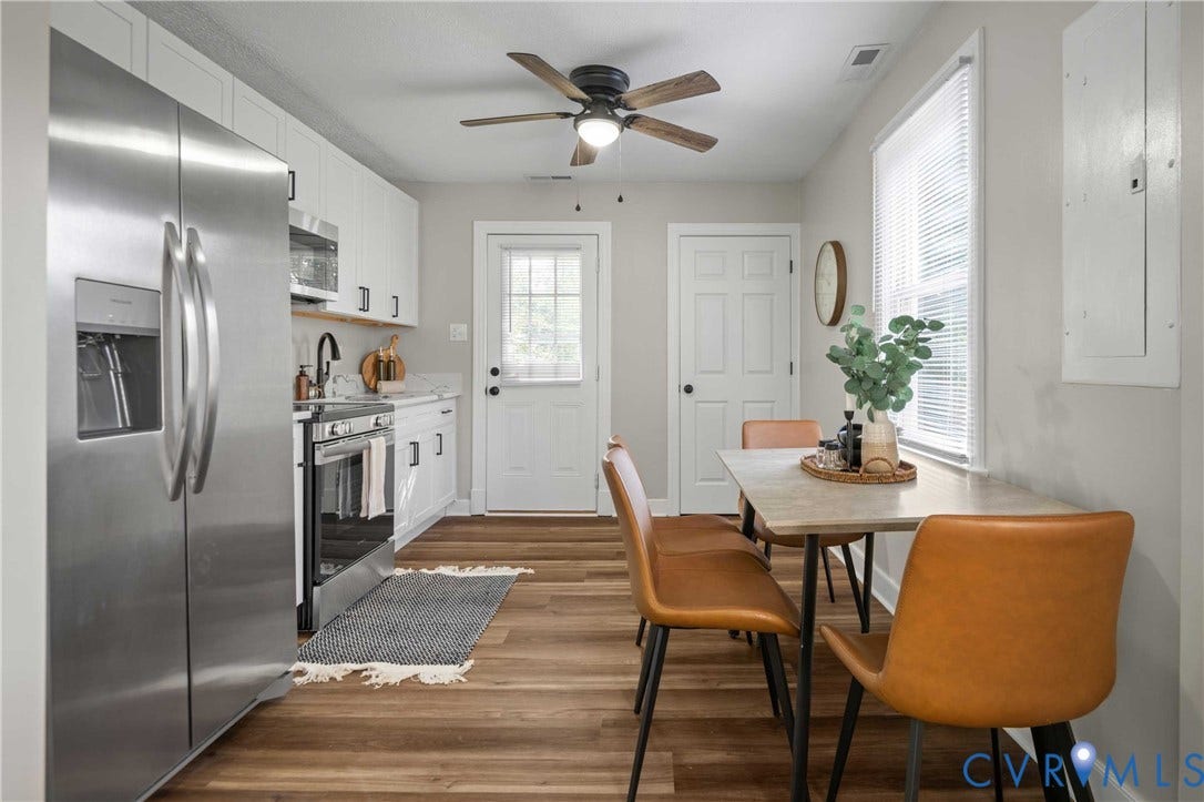 5429 Parker Street, Fulton Hill, Richmond, VA 23231 Stainless steel refrigerator, white cabinetry with black hardware, wood-finish flooring, white countertops, and a ceiling fan with integrated lighting