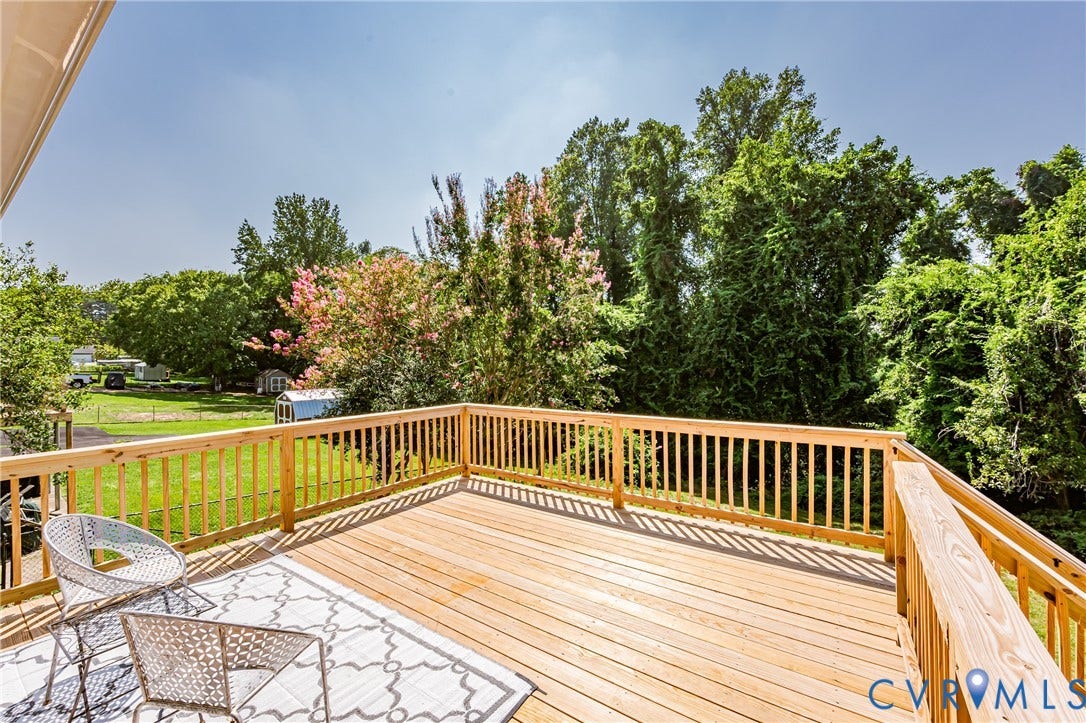 2702 Manchester Drive, New Birchett Estates, Prince George, VA 23875 Expansive outdoor deck with natural wood railing, offering ample space for outdoor enjoyment