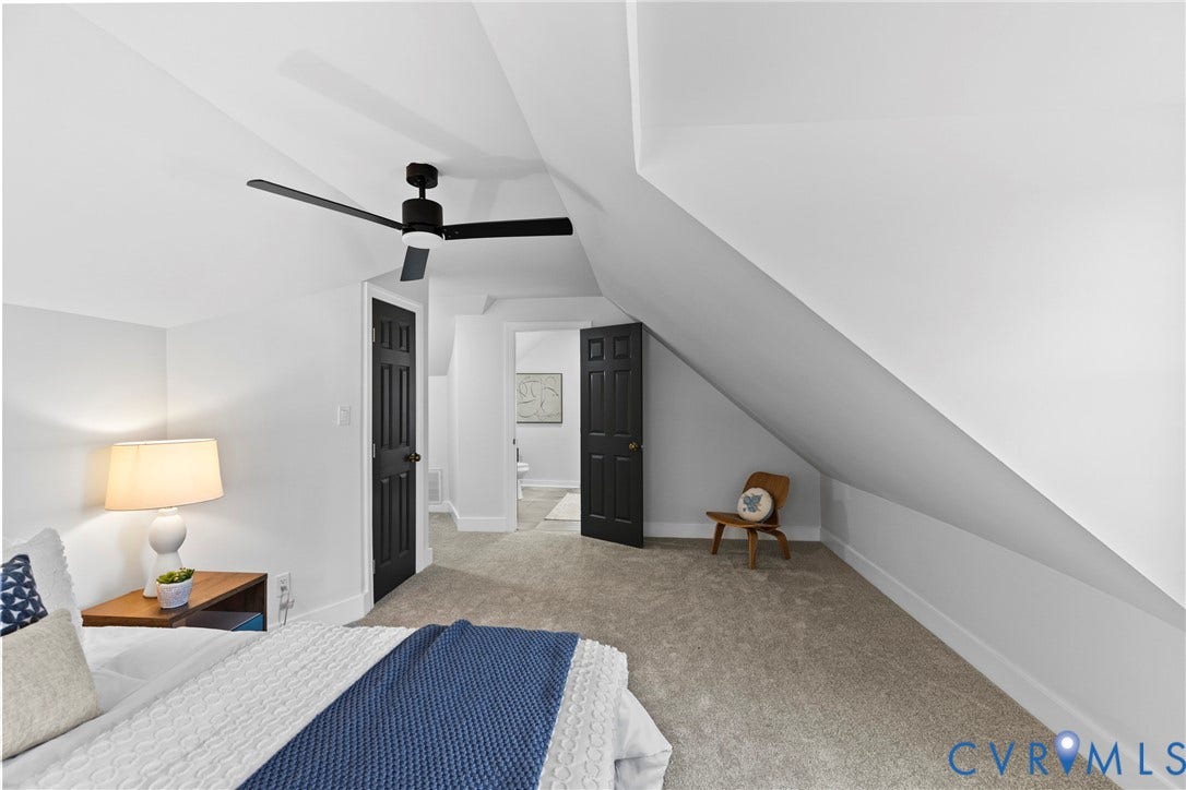 821 Fort Lee Road, North Dinwiddie, VA 23803 Carpeted flooring, vaulted ceiling, and a modern ceiling fan