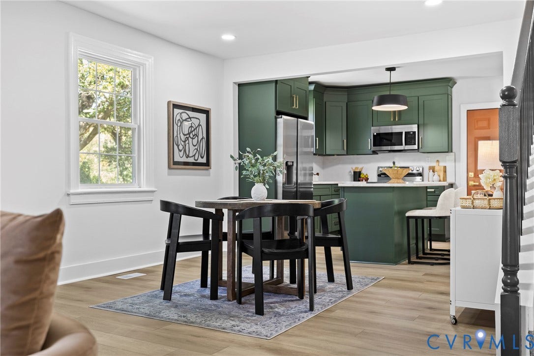 821 Fort Lee Road, North Dinwiddie, VA 23803 Kitchen featuring custom green cabinetry, stainless steel appliances, and white countertops