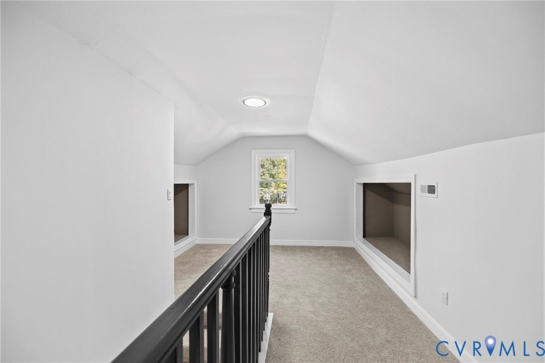 821 Fort Lee Road, North Dinwiddie, VA 23803 Carpeted loft area with sloped ceilings, a single window, recessed lighting, and built-in storage alcoves