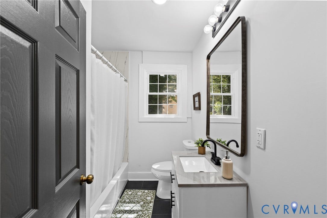 821 Fort Lee Road, North Dinwiddie, VA 23803 White vanity with a rectangular undermount sink, dark-finish faucet, and a wall-mounted mirror
