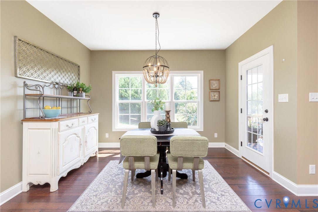 14806 Creekbrook Terrace, Brookcreek Estates, Midlothian, VA 23113 Hardwood flooring, multi-pane windows, a glass-paneled exterior door, and a decorative ceiling light fixture